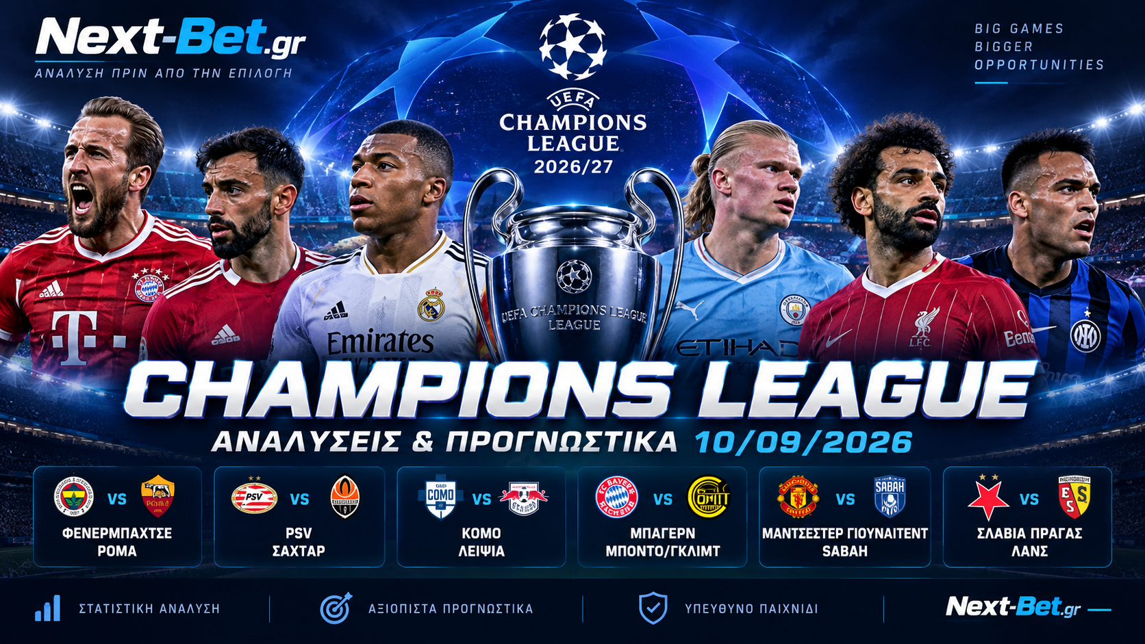 Champions League 10/09/2026: Αναλύσεις και προγνωστικά για τους 6 αγώνες της ημέρας