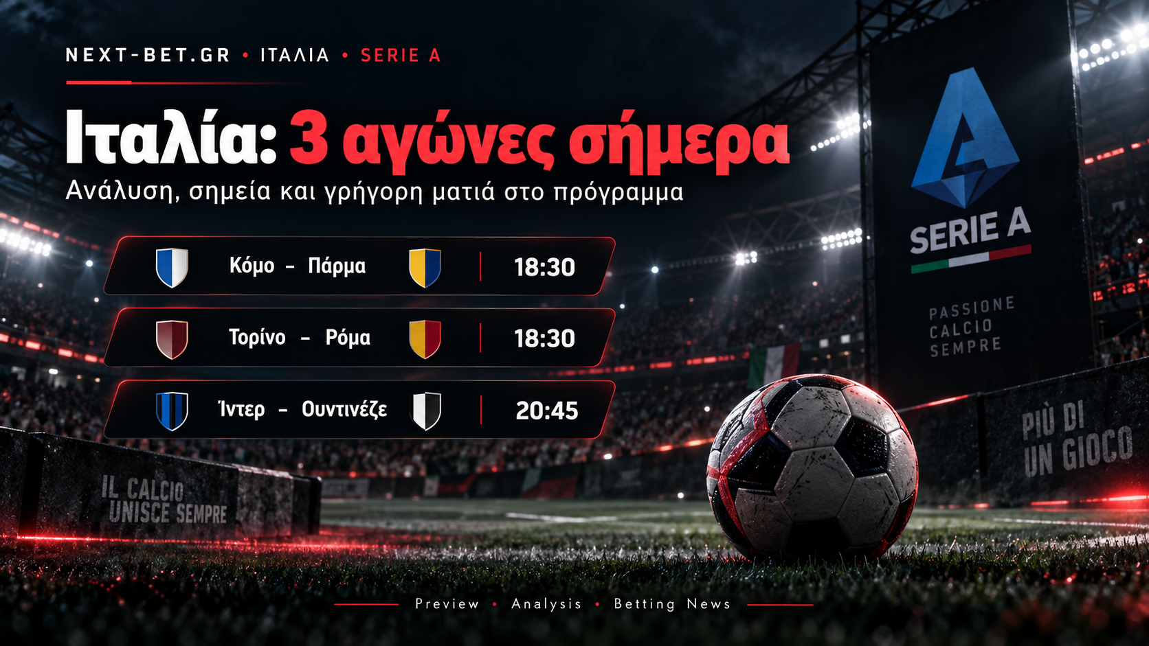Serie A 14/9: Como–Parma, Torino–Roma και Inter–Udinese στα παιχνίδια που ξεχωρίζουν